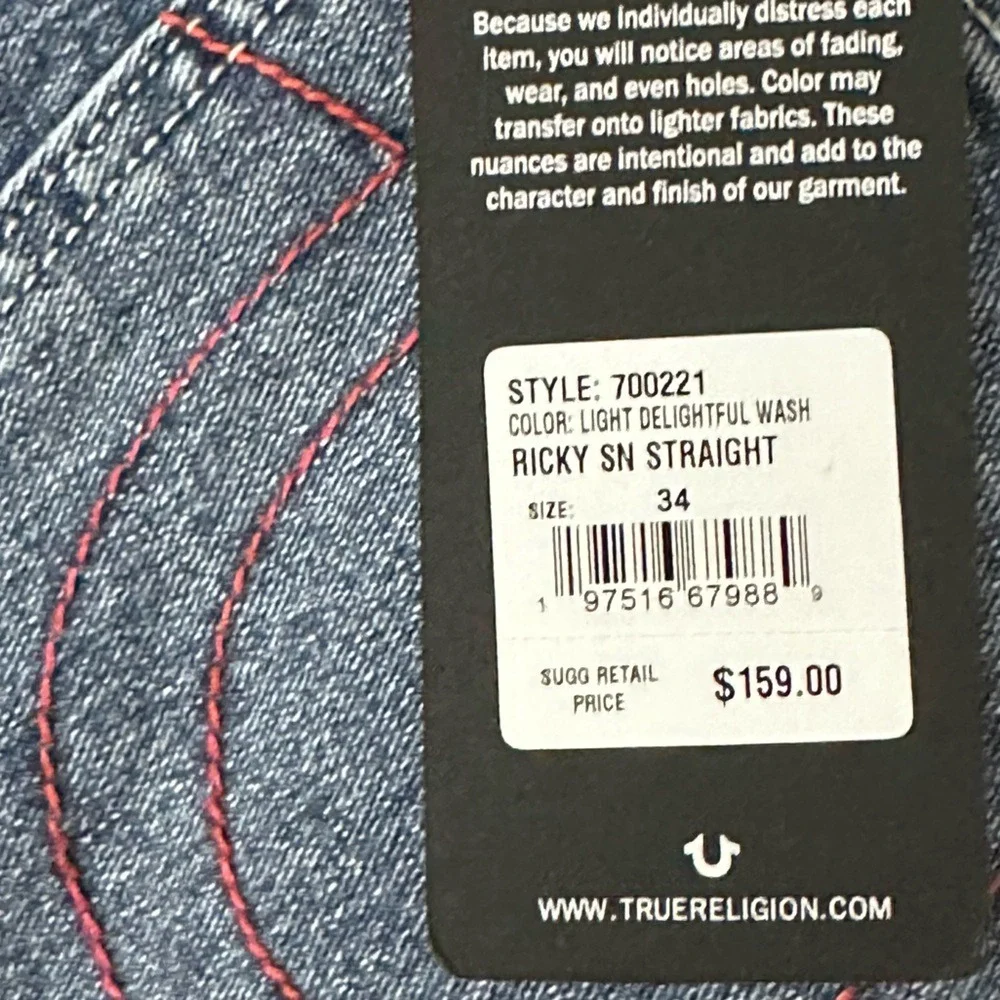 NEW TRUE RELIGION Ricky Straight Jean Light Delightful Wash Relaxed Size‎ 34 x34